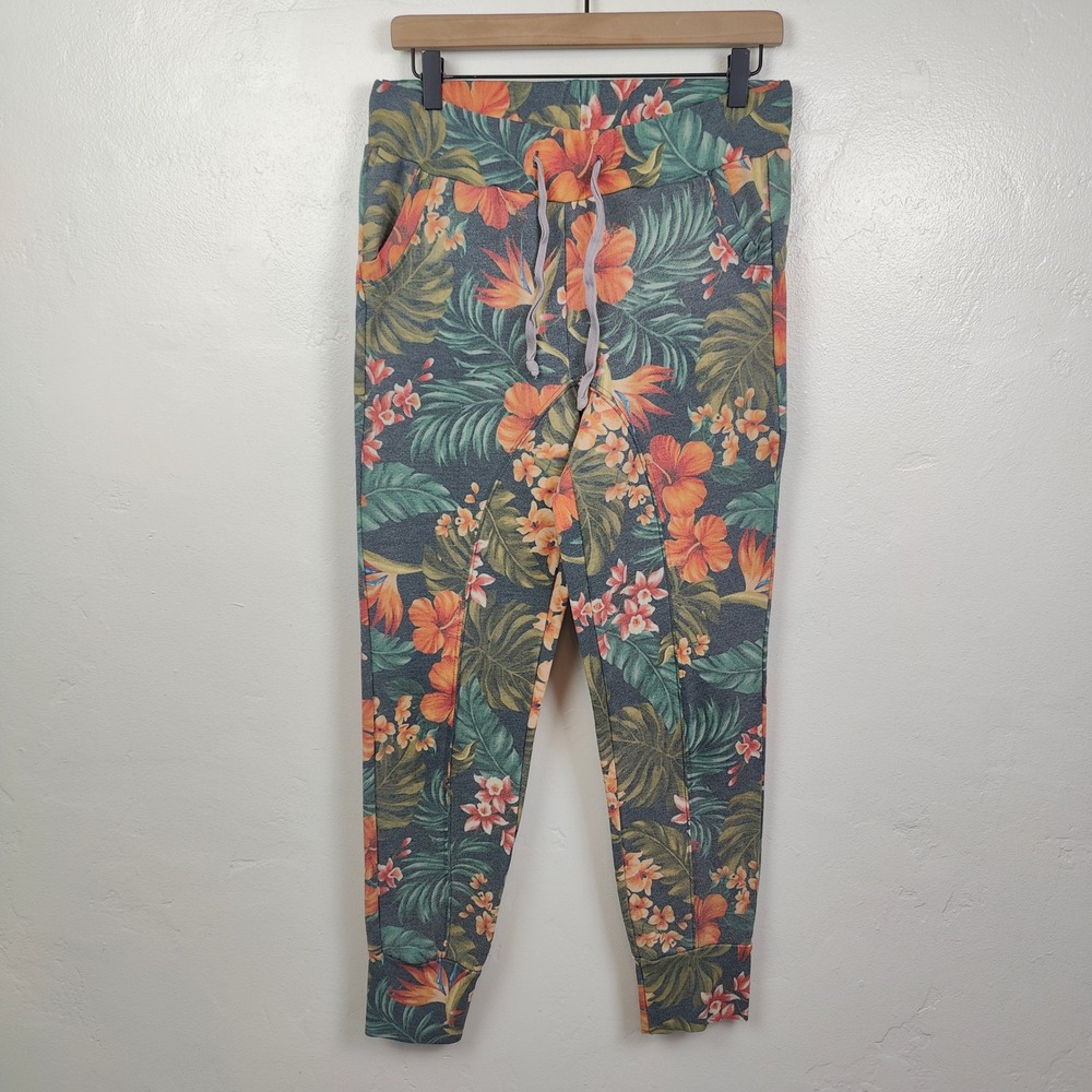 Aviator Nation Jogger Pants Women Medium Multi Tropical Floral Hibiscus Surf - Picture 2 of 10